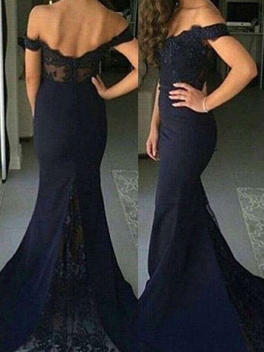 Trumpet/Mermaid Sweep/Brush Lace Sleeveless Off-the-Shoulder Train Satin Dresses