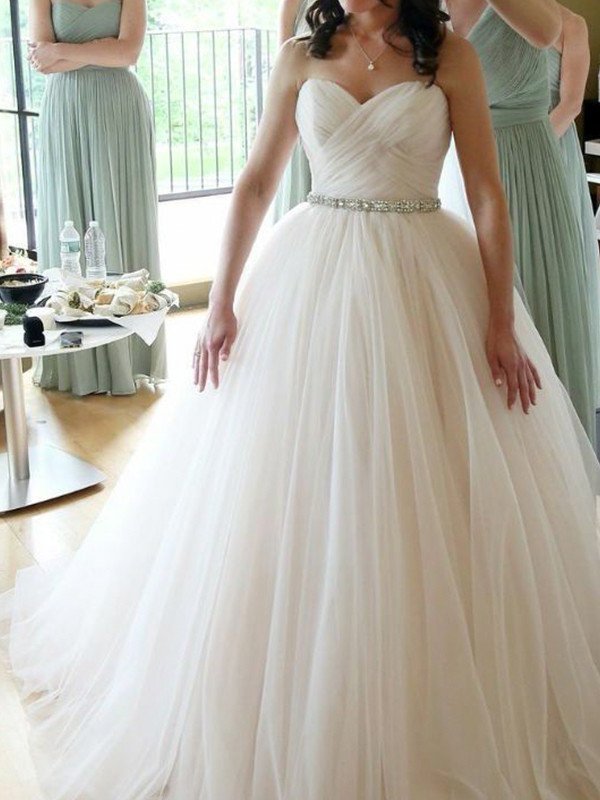 Sweetheart Floor-Length Sleeveless Gown Ball Beading Tulle Wedding Dresses