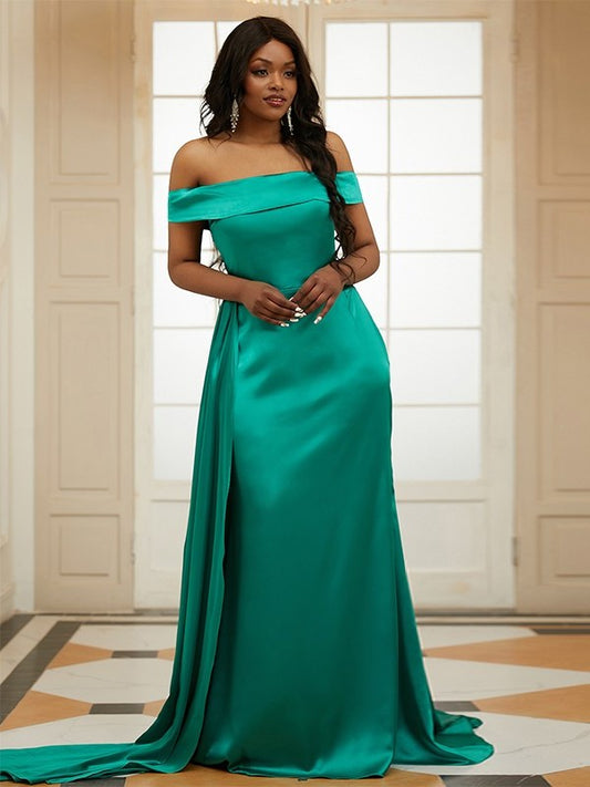 like Silk Sleeveless Satin Off-the-Shoulder Ruffles Sheath/Column Sweep/Brush Train Dresses