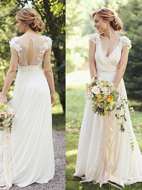 A-Line/Princess Chiffon Sweep/Brush Ruched Short V-neck Sleeves Train Wedding Dresses