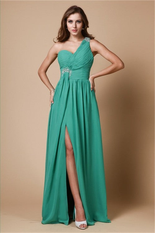 Shoulder A-Line/Princess One Sleeveless Beading Long Chiffon Dresses