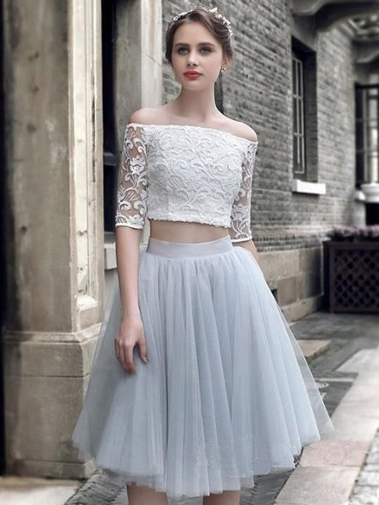 Homecoming Dresses A-Line/Princess Tulle Ruched Jada Off-the-Shoulder 1/2 Sleeves Knee-Length Two Piece Dresses