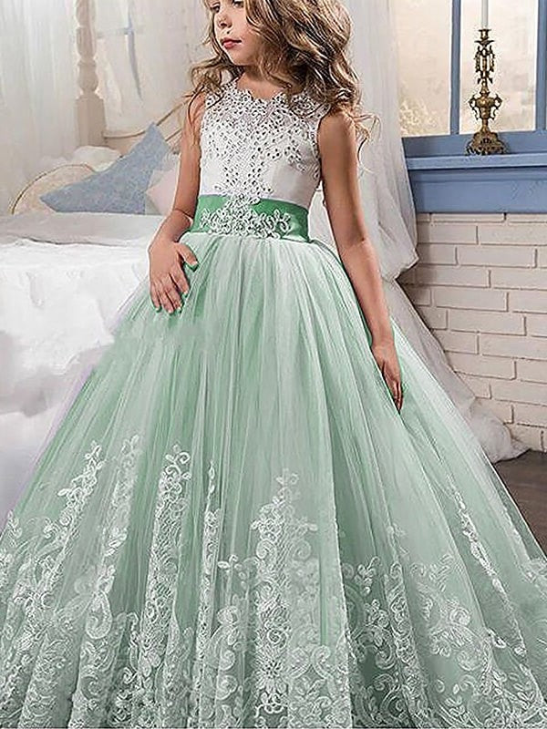 Gown Jewel Train Tulle Sleeveless Ball Lace Sweep/Brush Flower Girl Dresses