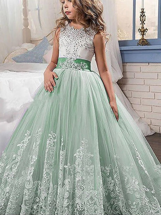 Gown Jewel Train Tulle Sleeveless Ball Lace Sweep/Brush Flower Girl Dresses