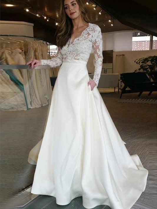 Sweep/Brush Train V-neck Applique Sleeves A-Line/Princess Long Satin Wedding Dresses