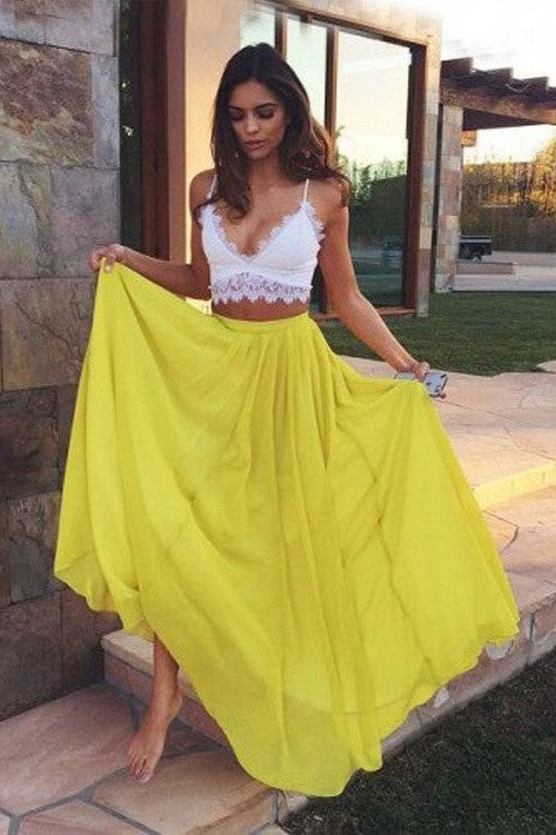 Straps Sleeveless Floor-Length A-Line/Princess Chiffon Lace Two Piece Dresses