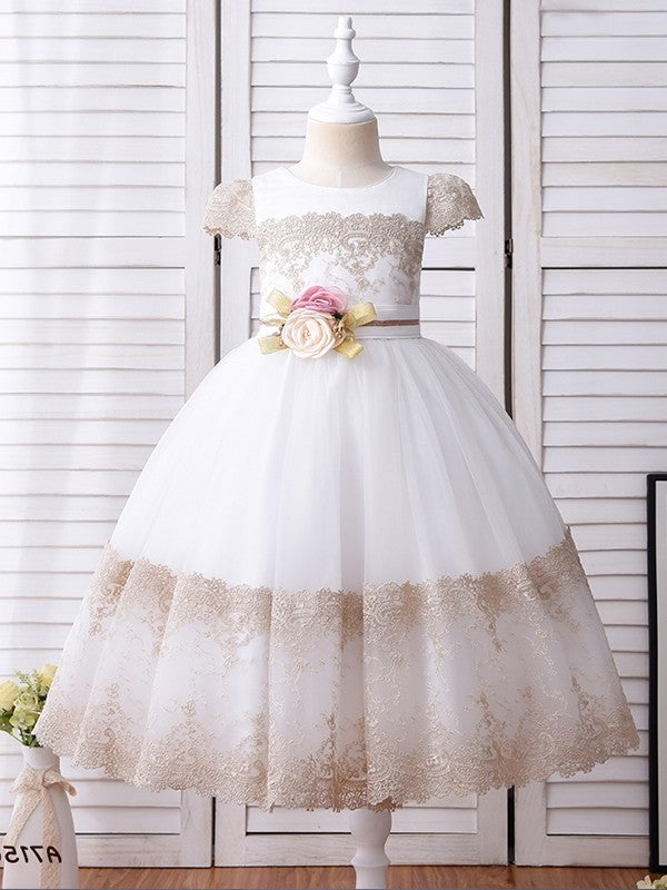 Short Gown Lace Ball Scoop Ankle-Length Flower Sleeves Hand-Made Flower Girl Dresses