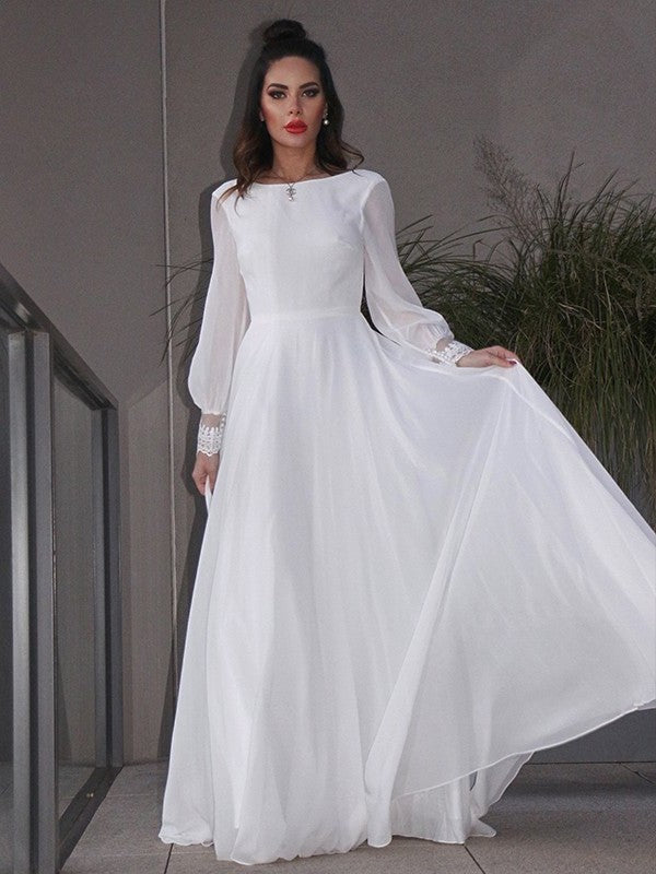 Sleeves Scoop Chiffon A-Line/Princess Sweep/Brush Ruffles Long Train Wedding Dresses