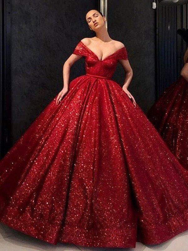 Sequins Ruffles Ball Gown Off-the-Shoulder Sleeveless Floor-Length Dresses