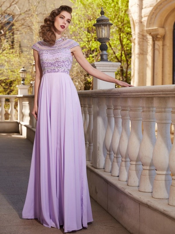 Short A-Line/Princess Scoop Floor-Length Sleeves Beading Chiffon Dresses