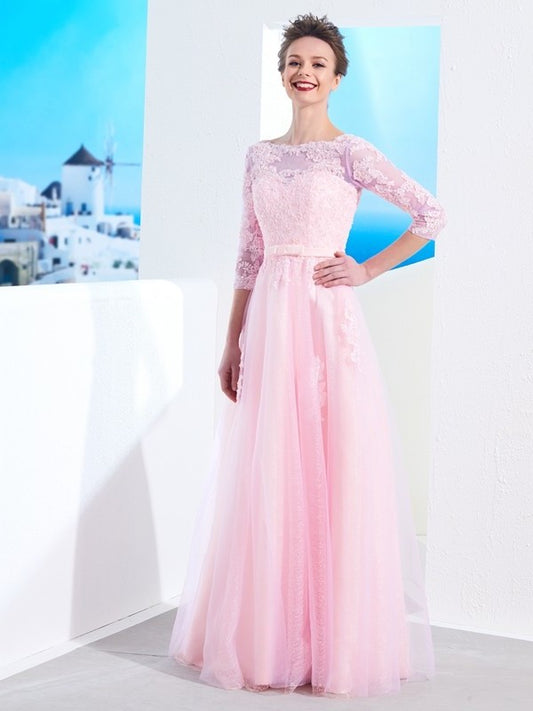 A-Line/Princess Floor-Length Sleeves Bateau 1/2 Applique Tulle Dresses