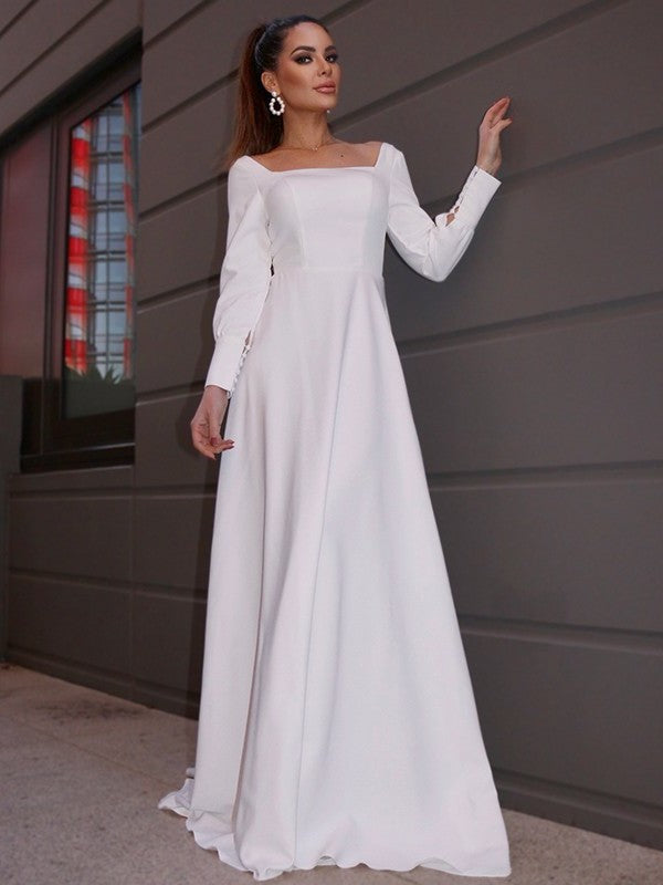 A-Line/Princess Crepe Sleeves Long Ruffles Square Stretch Sweep/Brush Train Wedding Dresses