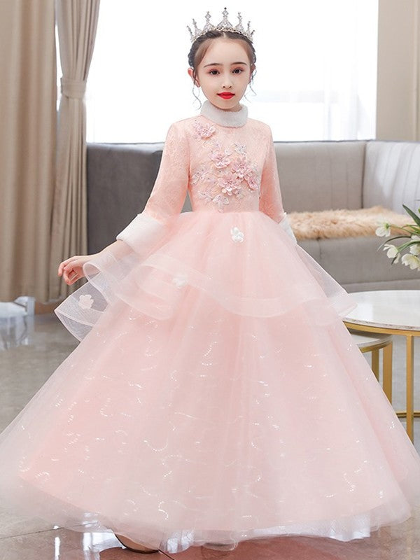 3/4 Sleeves Neck High Flower Hand-Made A-Line/Princess Tulle Floor-Length Flower Girl Dresses