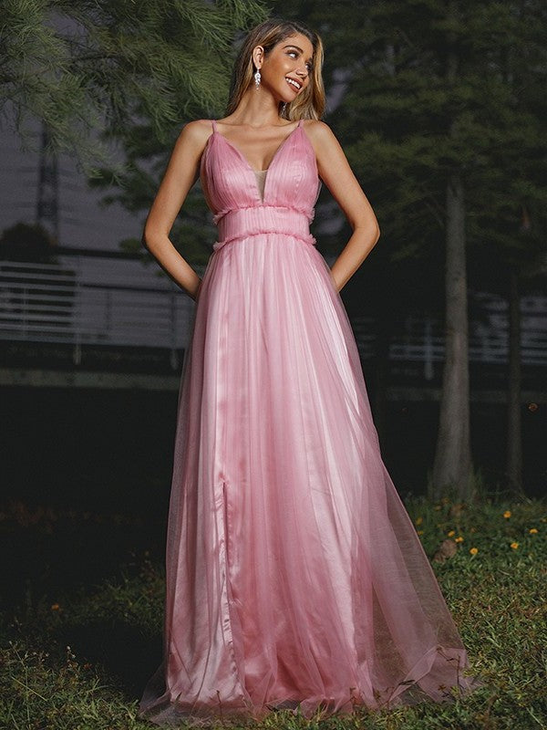 Sweep/Brush Ruffles V-neck Tulle A-Line/Princess Sleeveless Train Bridesmaid Dresses