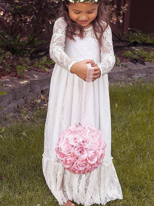 Floor-Length Sleeves Jewel Bowknot A-Line/Princess Lace Long Flower Girl Dresses