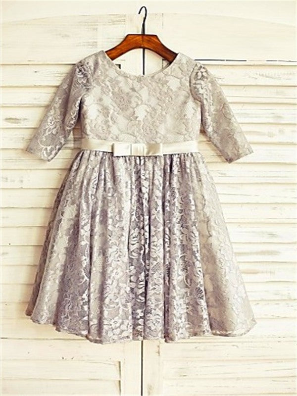 Lace A-line/Princess Scoop Sleeves Tea-Length 3/4 Flower Girl Dresses