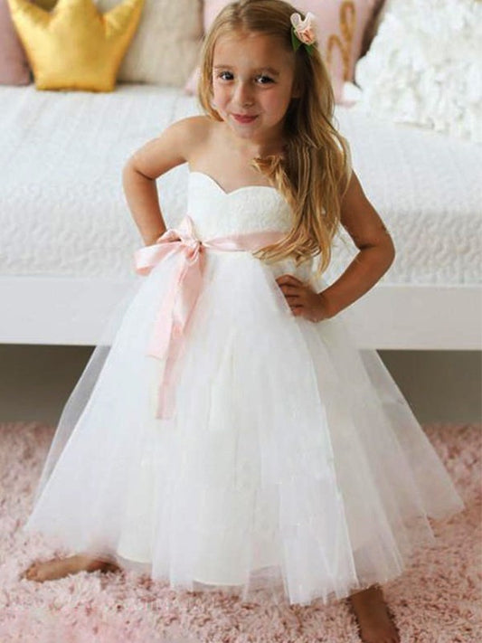 Tulle Sleeveless Ankle-Length Sash/Ribbon/Belt A-Line/Princess Sweetheart Flower Girl Dresses