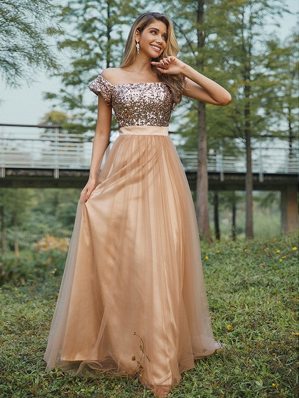 A-Line/Princess Off-the-Shoulder Tulle Sequin Sleeveless Floor-Length Bridesmaid Dresses