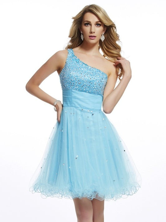 Short Beading One-Shoulder Sleeveless A-Line/Princess Organza Homecoming Dresses