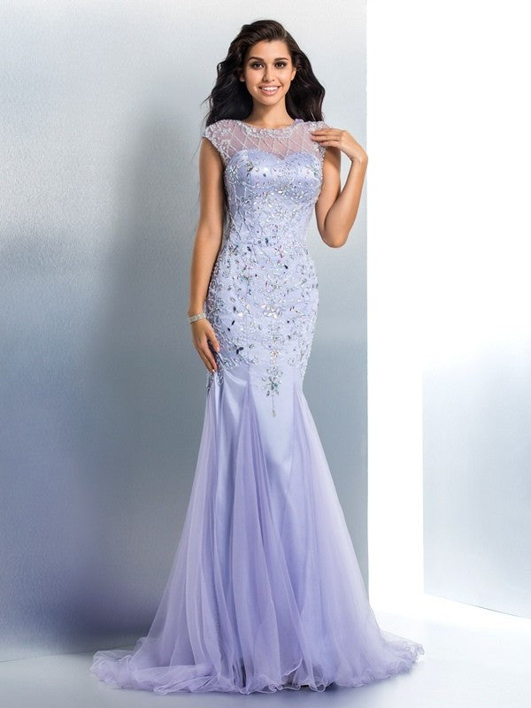 Beading Sleeveless Sheer Trumpet/Mermaid Neck Long Satin Dresses