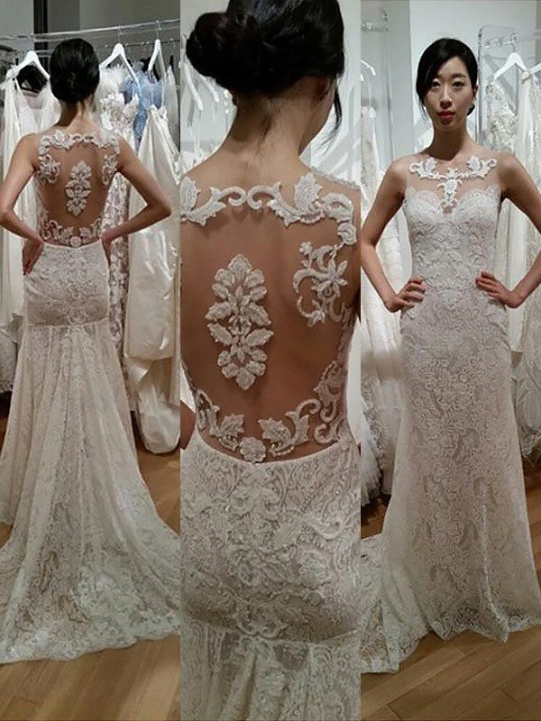 Lace Sweep/Brush Scoop Sleeveless Trumpet/Mermaid Train Wedding Dresses