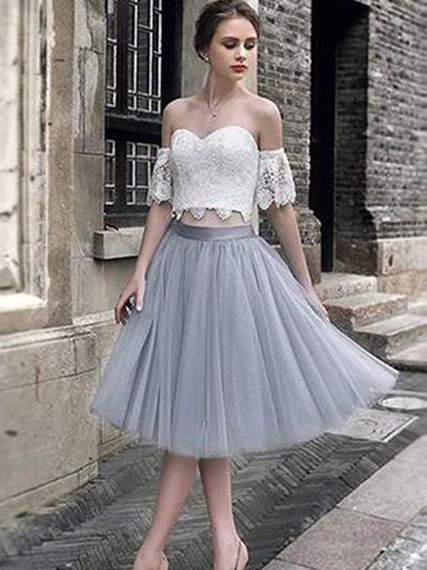 A-Line/Princess Lace Homecoming Dresses Sweetheart Tulle Sleeveless Alia Tea-Length Two Piece Dresses