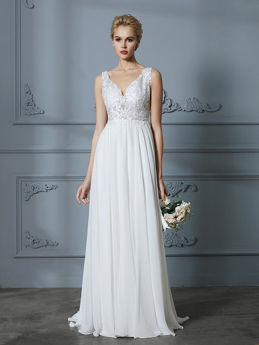 Train A-Line/Princess Sleeveless V-neck Sweep/Brush Chiffon Wedding Dresses