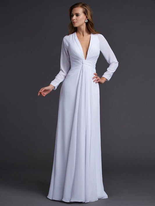 V-neck Ruched Long Sleeves Sheath/Column Long Chiffon Dresses