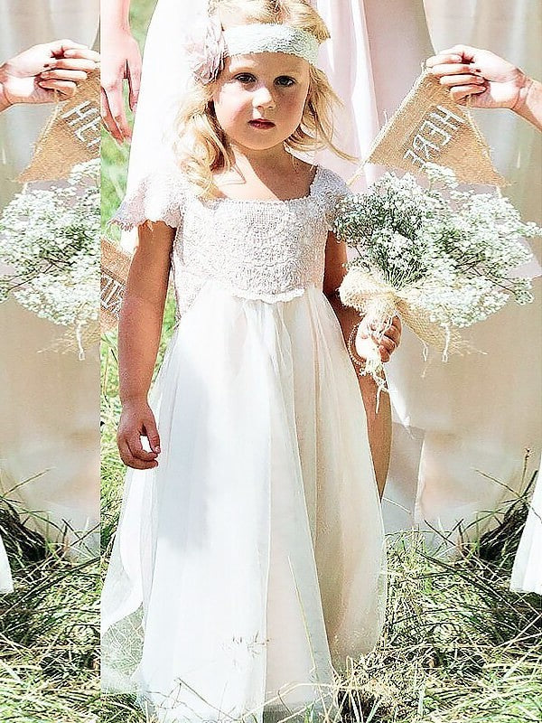 Square Floor-Length Lace Chiffon Sleeves Short A-line/Princess Flower Girl Dresses