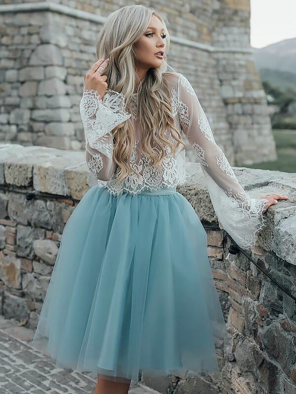 A-Line/Princess Macy Scoop Long Sleeves Homecoming Dresses Short/Mini Tulle Dresses