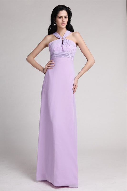 High Long Sheath/Column Pleats Neck Sleeveless Chiffon Bridesmaid Dresses