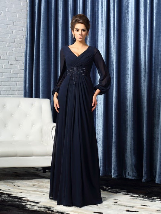 Sleeves Long Chiffon Long A-Line/Princess Mother Beading of V-neck the Bride Dresses