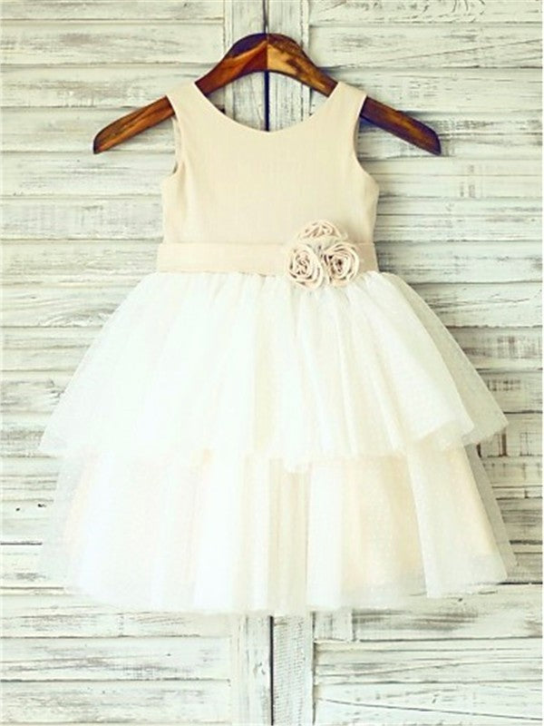 Straps Hand-made A-line/Princess Sleeveless Tea-Length Flower Tulle Flower Girl Dresses