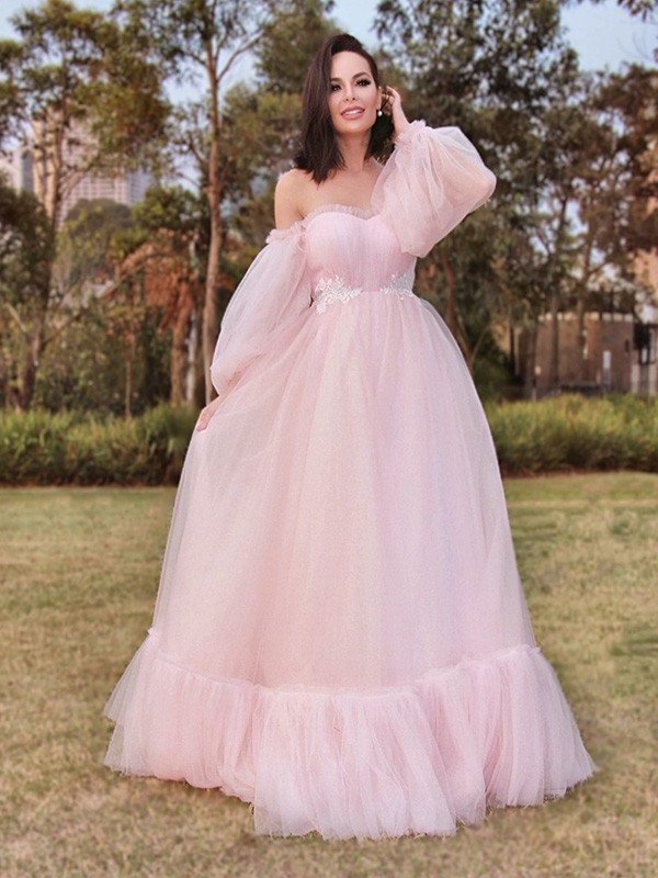 Long Sleeves Tulle A-Line/Princess Floor-Length Applique Off-the-Shoulder Dresses