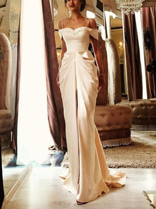 Train Ruffles Sheath/Column Off-the-Shoulder like Sweep/Brush Sleeves Silk Short Satin Wedding Dresses