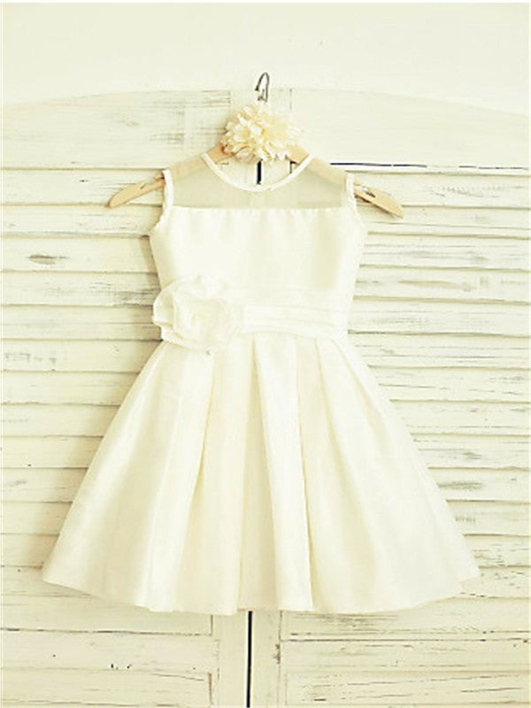 Tea-Length Hand-made Scoop Sleeveless A-line/Princess Flower Chiffon Flower Girl Dresses