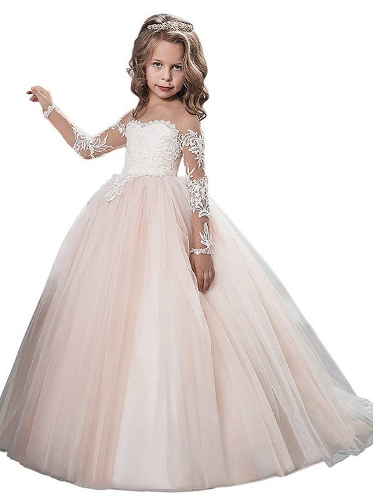 Gown Long Sweep/Brush Train Scoop Ball Tulle Sleeves Flower Girl Dresses