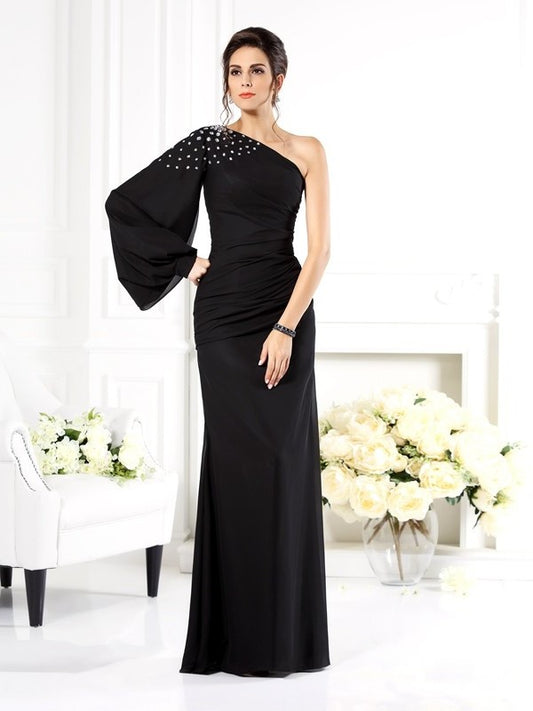 Mother Sleeves Long Sheath/Column Chiffon One-Shoulder Beading of Long the Bride Dresses