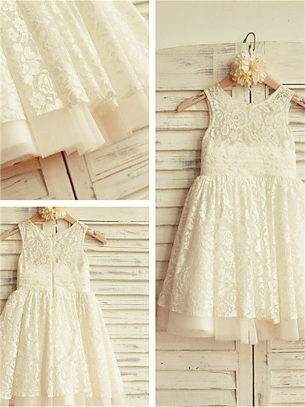 Tea-Length Lace Sleeveless A-line/Princess Scoop Ruffles Flower Girl Dresses