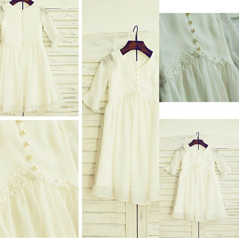 Ruffles Long Scoop Tea-Length A-line/Princess Sleeves Chiffon Flower Girl Dresses