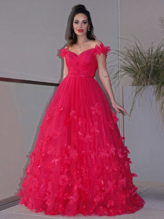 A-Line/Princess Tulle Hand-Made Off-the-Shoulder Flower Sleeveless Floor-Length Dresses