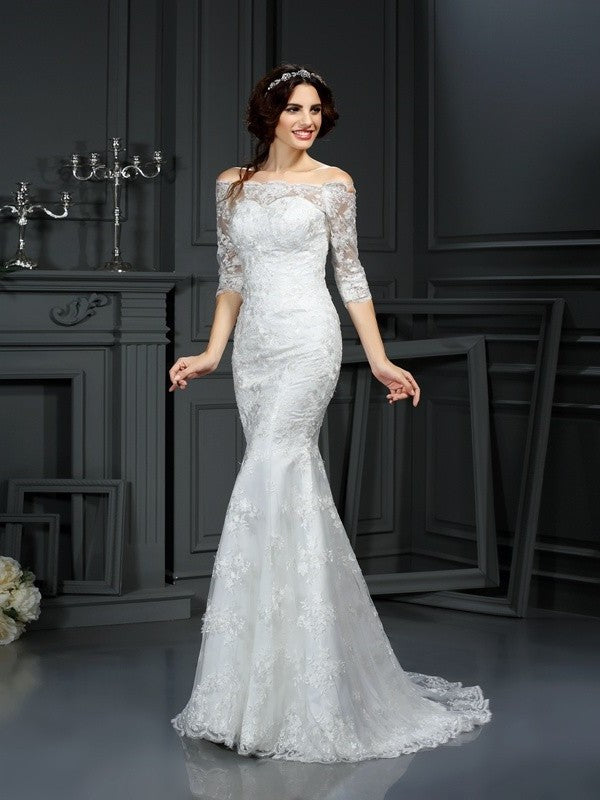 1/2 Sleeves Long Off-the-Shoulder Lace Sheath/Column Lace Wedding Dresses