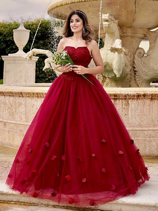 Applique Tulle Ball Gown Sweetheart Sleeveless Floor-Length Dresses