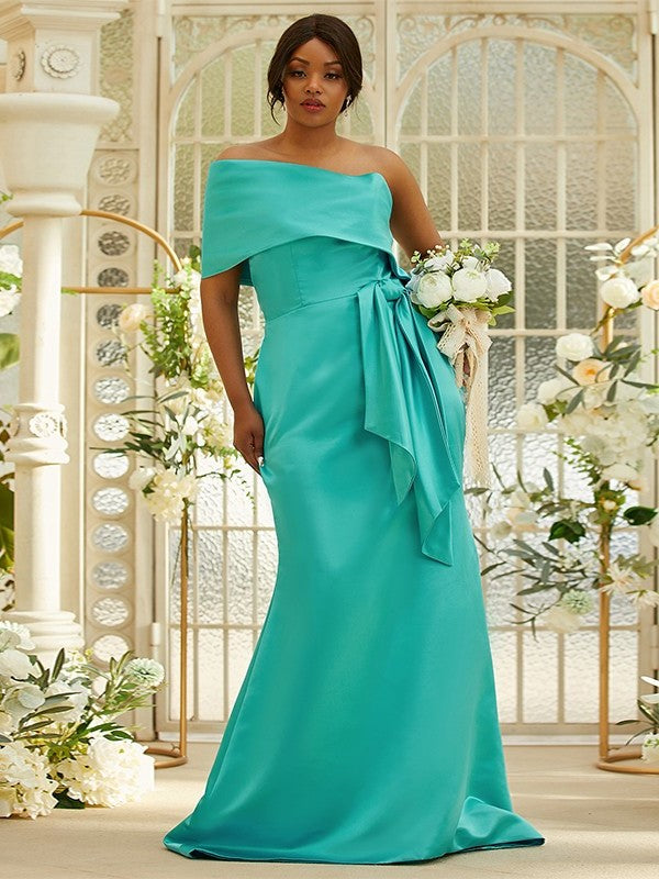 Sweep/Brush Sleeveless One-Shoulder Sheath/Column Ruched Satin Train Bridesmaid Dresses