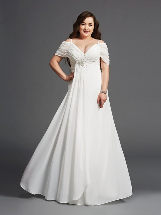 Long Ruched A-Line/Princess Short Off-the-Shoulder Chiffon Sleeves Plus Size Dresses