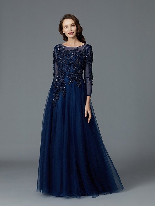 Tulle Beading Sleeves of Long Floor-Length A-Line/Princess Mother Scoop the Bride Dresses