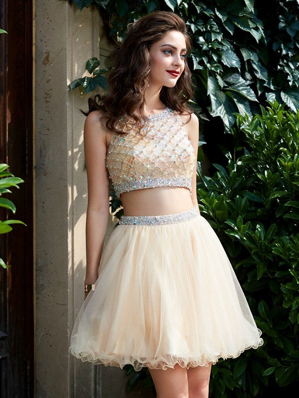 A-Line/Princess Scoop Net Sleeveless Homecoming Dresses Beading Short/Mini Adalynn Two Piece