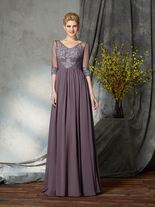 A-Line/Princess Chiffon of 1/2 Mother Sleeves Long V-neck the Bride Dresses