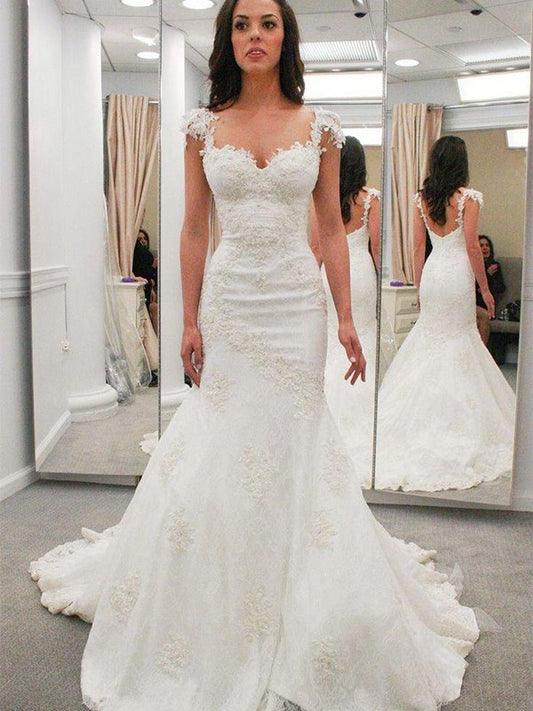 Sleeves Sweetheart Trumpet/Mermaid Train Applique Short Chapel Lace Wedding Dresses