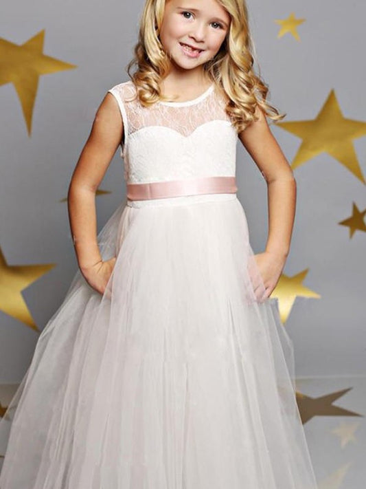 Scoop Tulle Sleeveless Sash/Ribbon/Belt A-Line/Princess Floor-Length Flower Girl Dresses